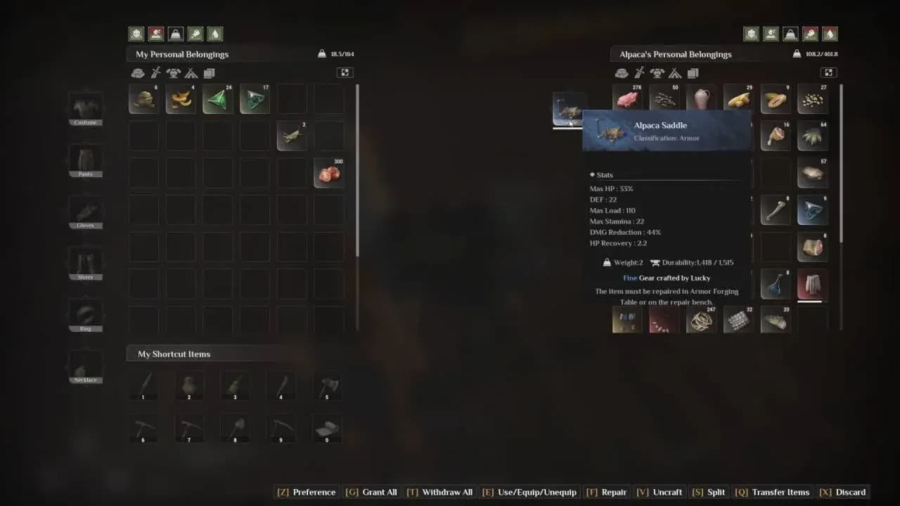 Alpaca saddle crafting menu