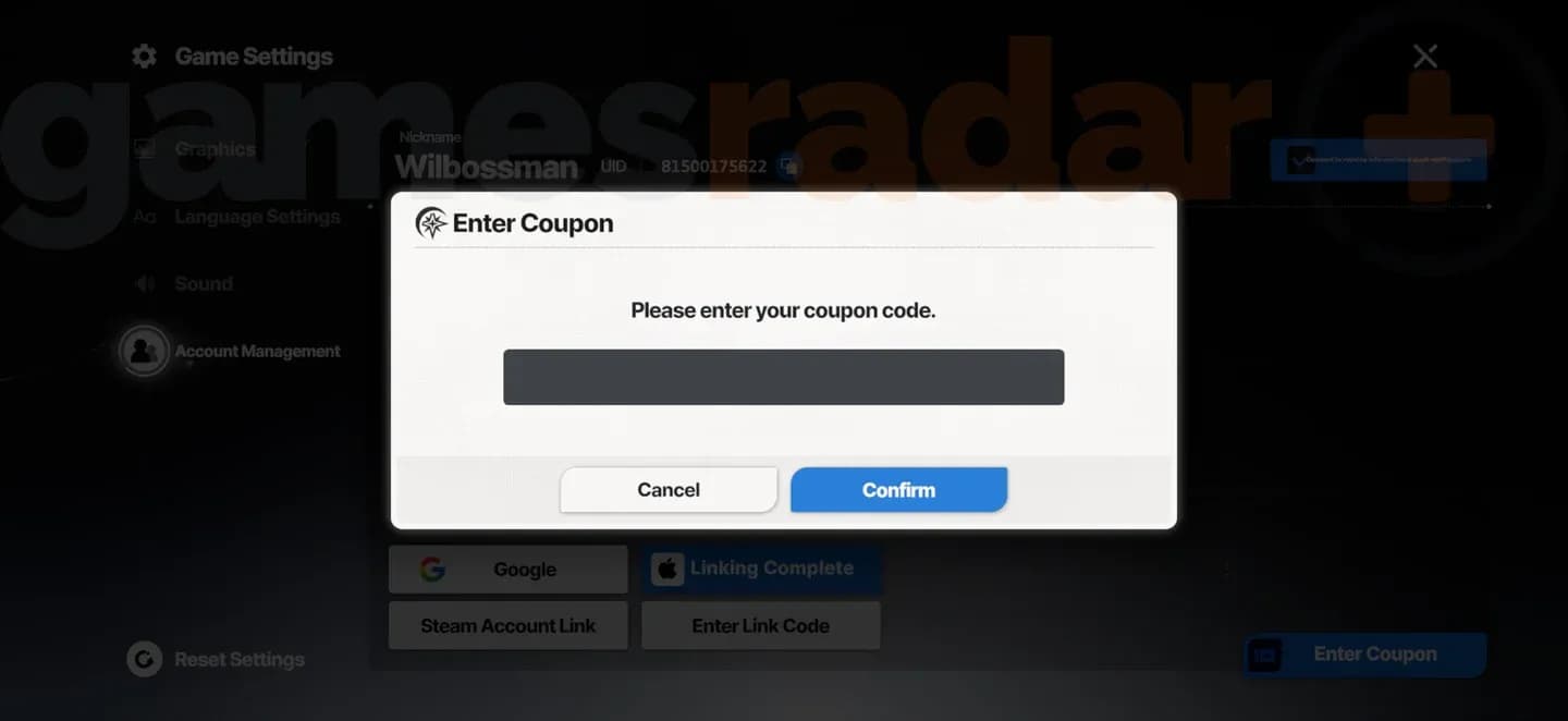 Coupon entry screen in-game