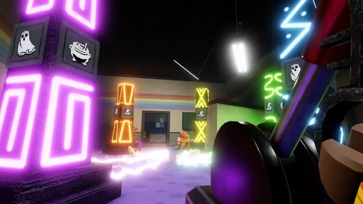 Halloween-themed pillars producing arcs toward the center with red lever visible