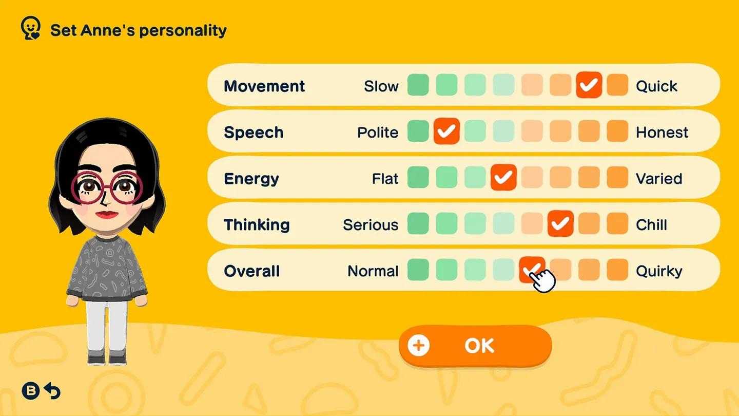 Curseurs de personnalité lors de la création de Mii