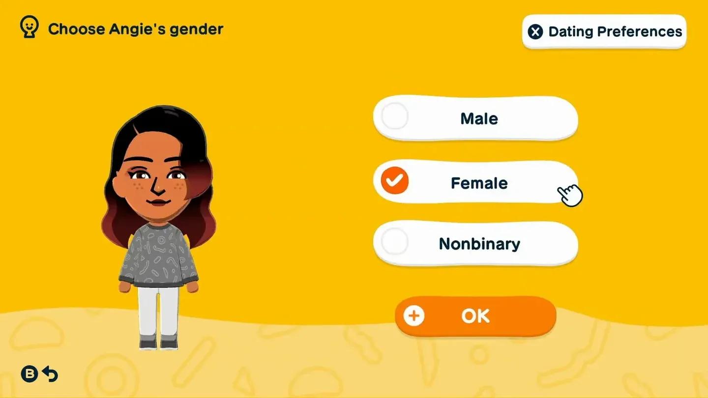 Gender and pronoun setup screen