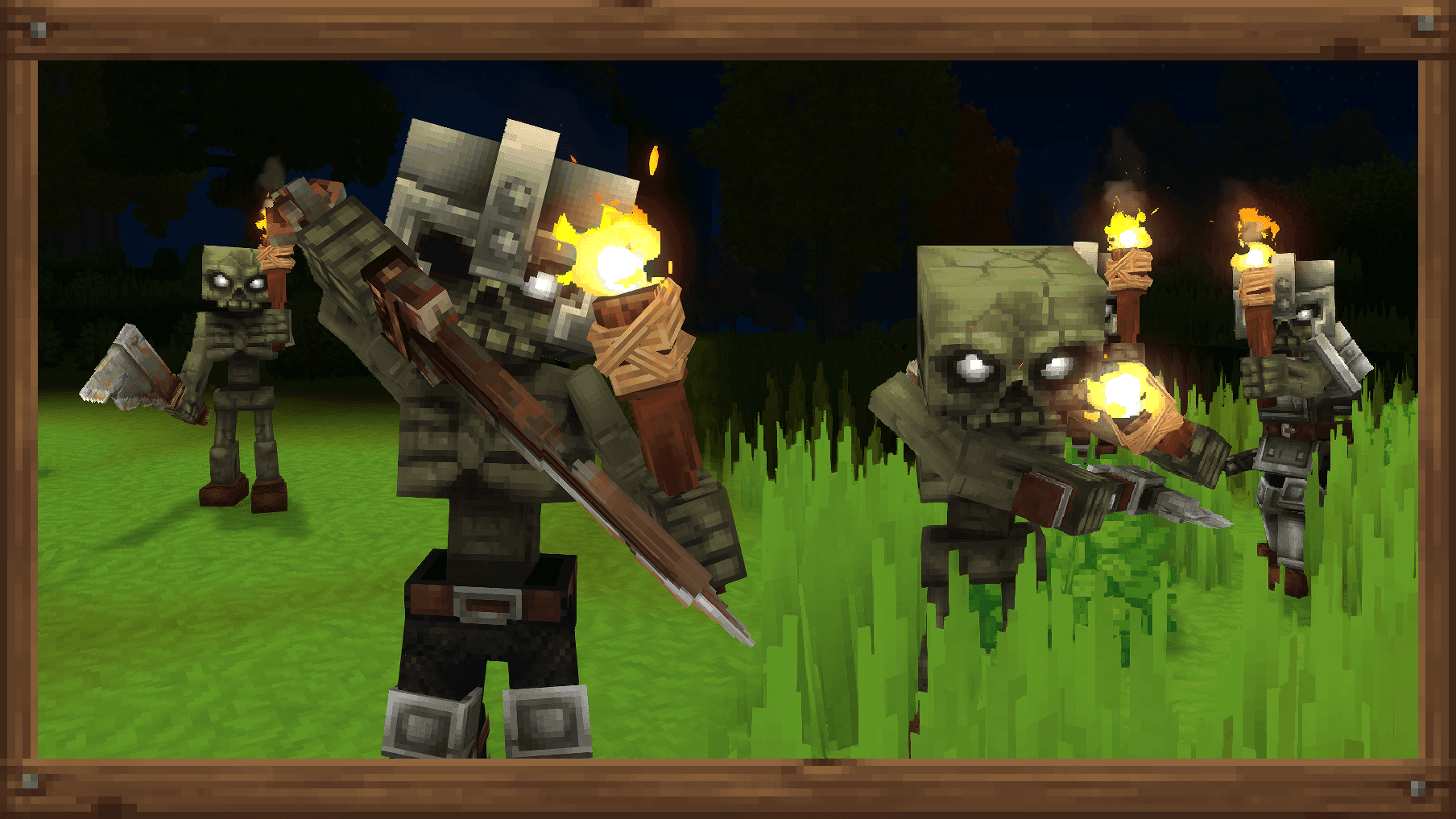 Torch-carrying skeleton at night