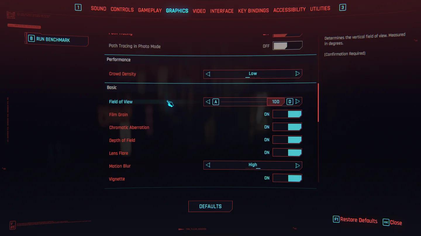 Cyberpunk 2077 主机显示设置中的 FOV 滑块