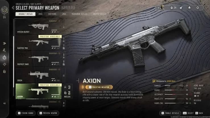 Axion weapon entry showing its bullet penetration rating