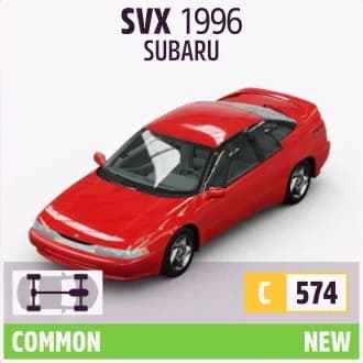Bảng thông tin xe Forza Horizon 5 hiển thị phân loại tiêu chuẩn C 574 và xếp hạng hiệu suất của Subaru SVX