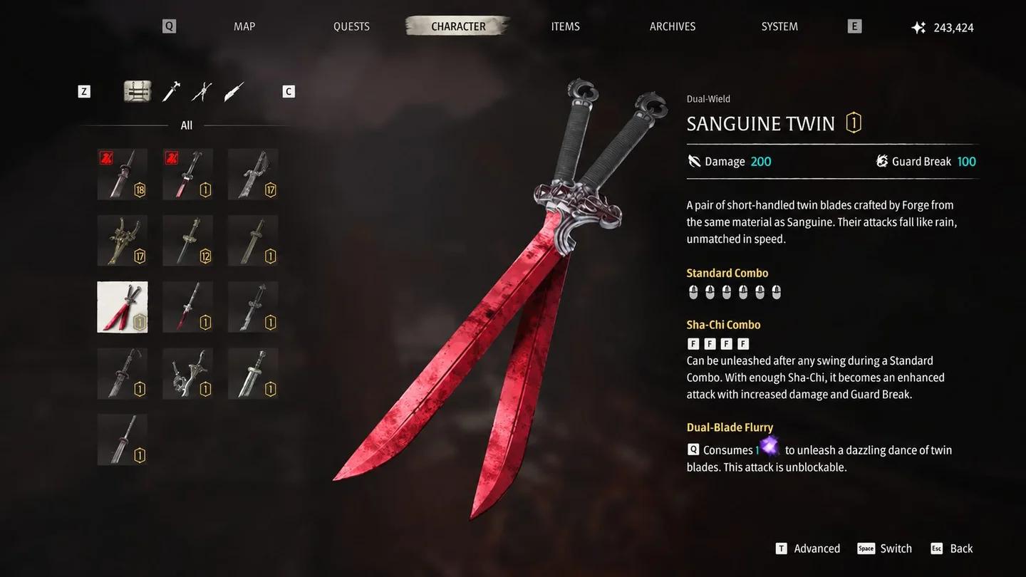 Yu'erと出会った後の森の小道にある武器ラックに置かれたSanguine Twin