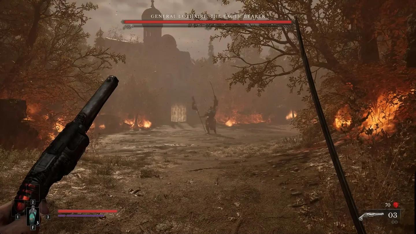 Valor Mortis boss General Lothaire standing in cliff arena