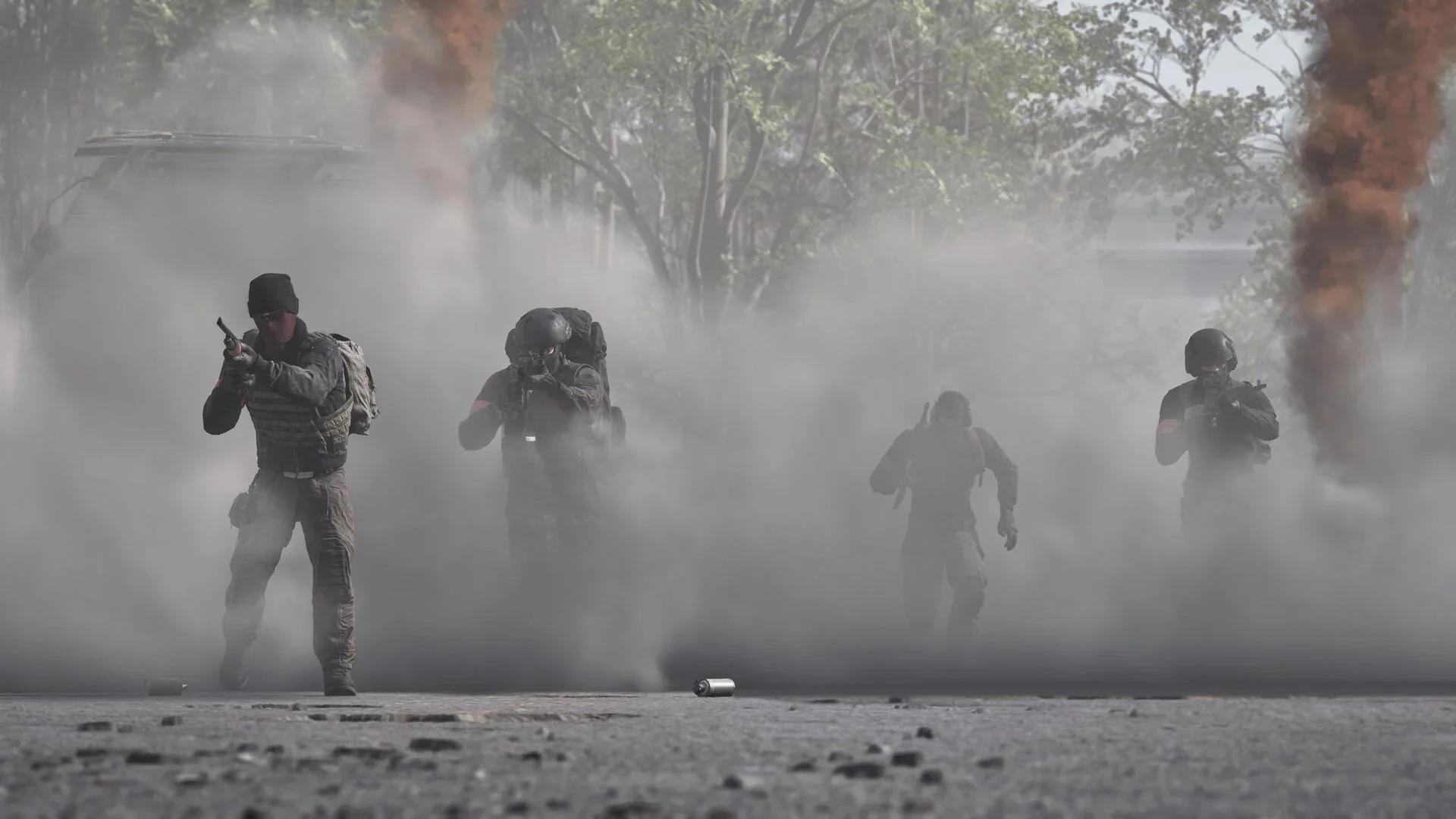 Four WARDOGS soldiers with red armbands push out of a smoke screen, orange smoke rising behind them