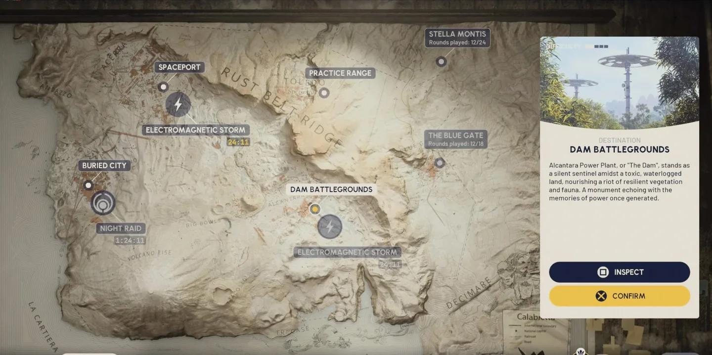 Dam Battlegrounds map met markeringen voor Research and Administration, de kapotte damwand en Pipeline Tower