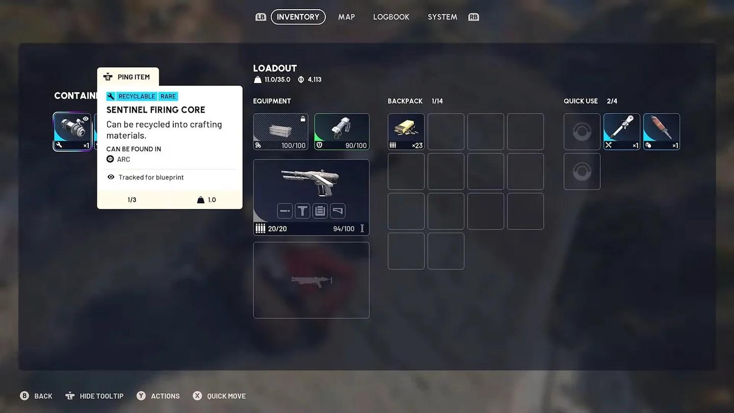 Open ARC Courier loot menu met een Sentinel Firing Core tussen ARC componenten