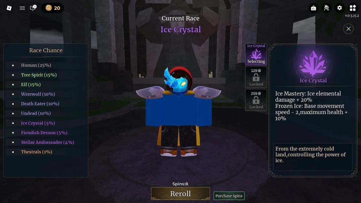 Race reroll menu overview