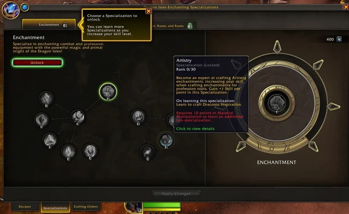 Arbre de spécialisation d'Enchantement