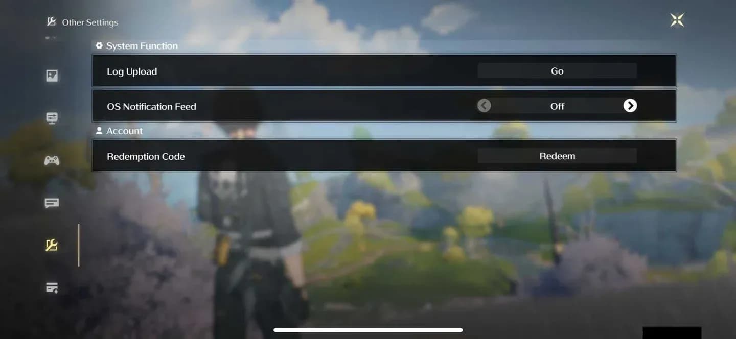 Pestaña de canje de códigos dentro del videojuego