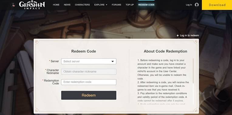 Genshin Impact code redemption webpage interface